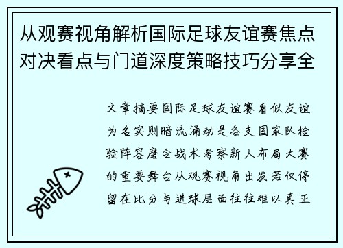 从观赛视角解析国际足球友谊赛焦点对决看点与门道深度策略技巧分享全面指南